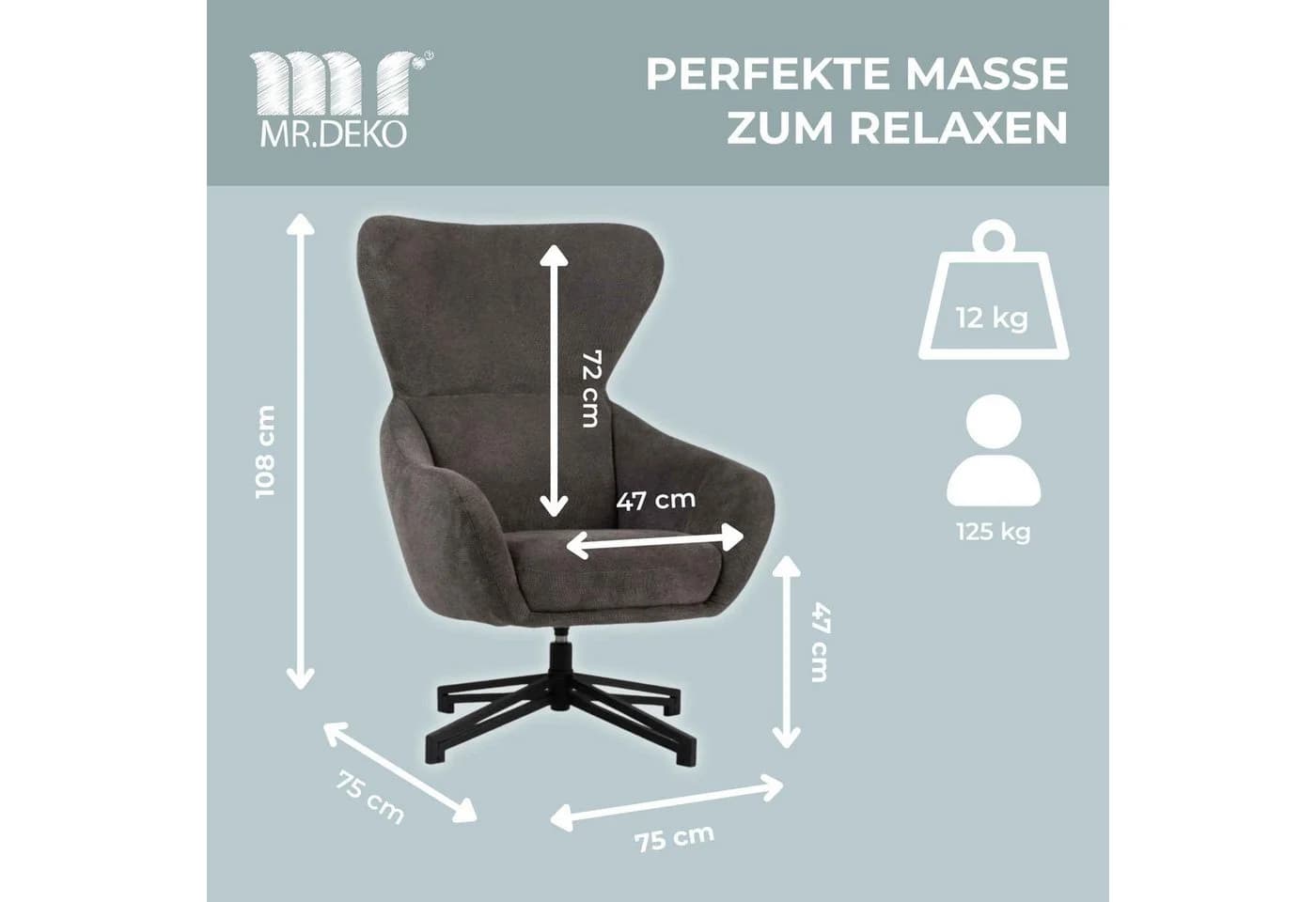 MR.DEKO Ohrensessel Marconia grau drehbar mit 360° Funktion - Bild 3