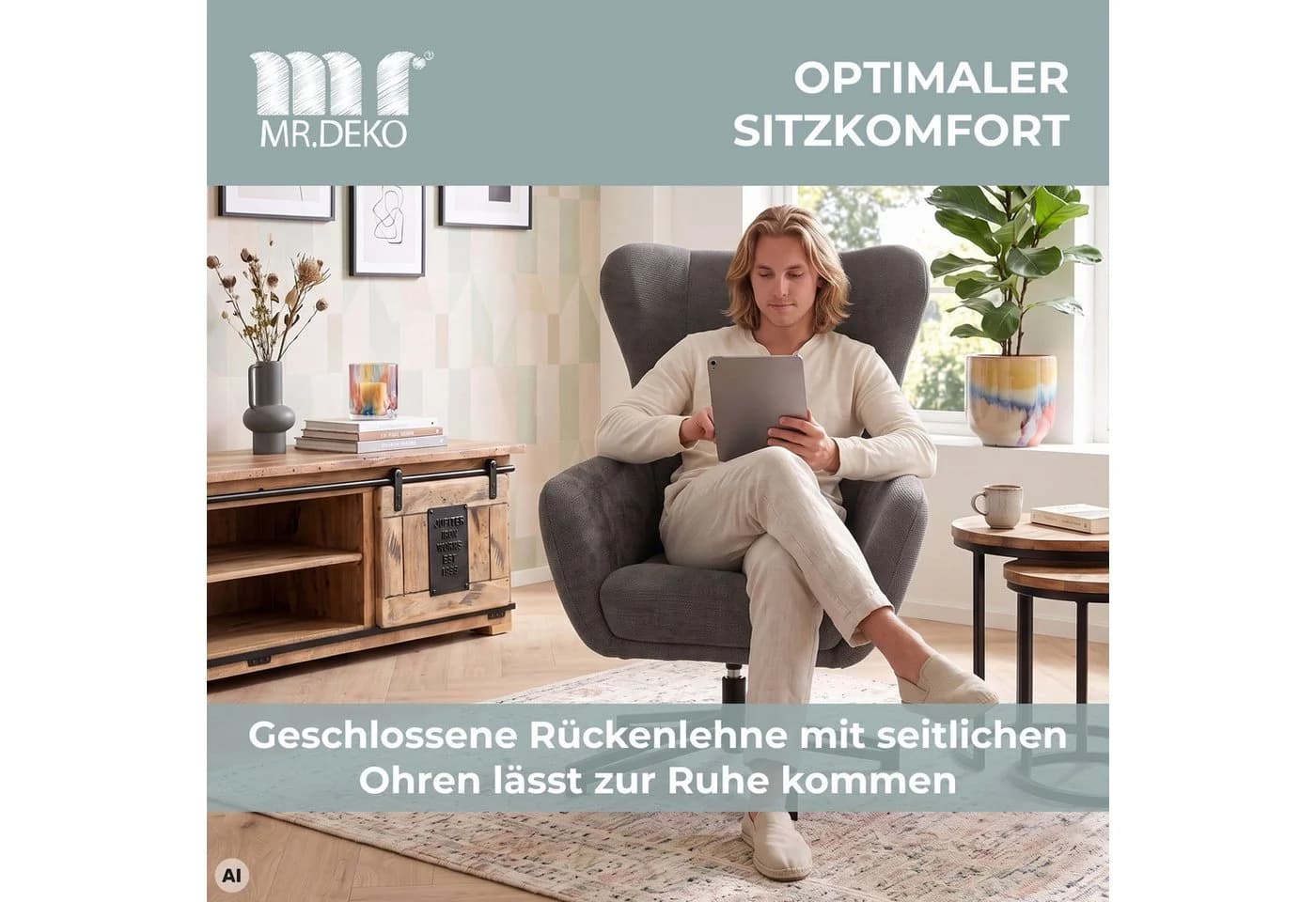 MR.DEKO Ohrensessel Marconia grau drehbar mit 360° Funktion - Bild 4