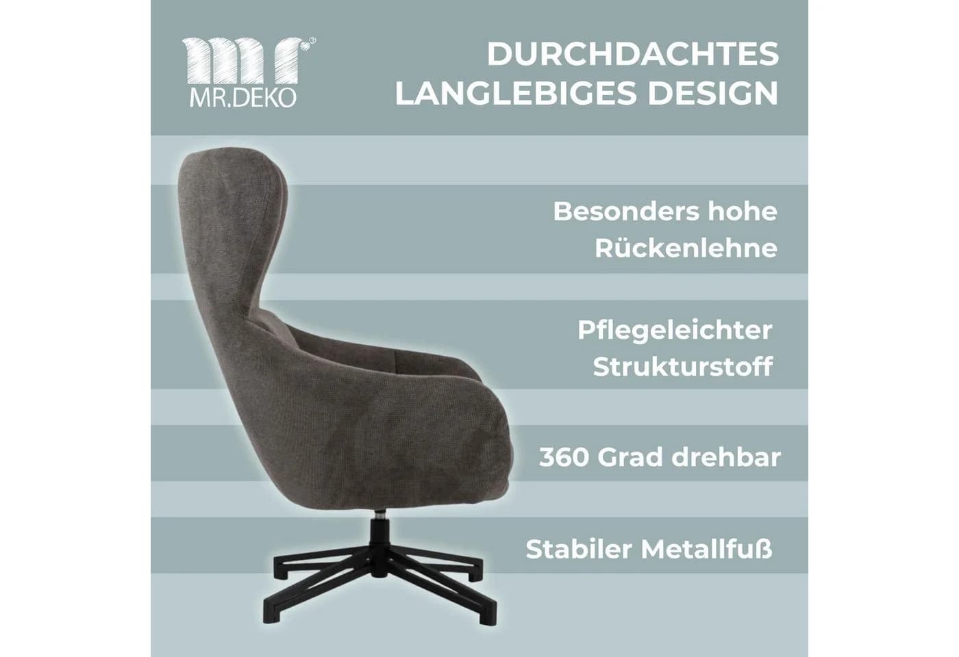 MR.DEKO Ohrensessel Marconia grau drehbar mit 360° Funktion - Bild 5