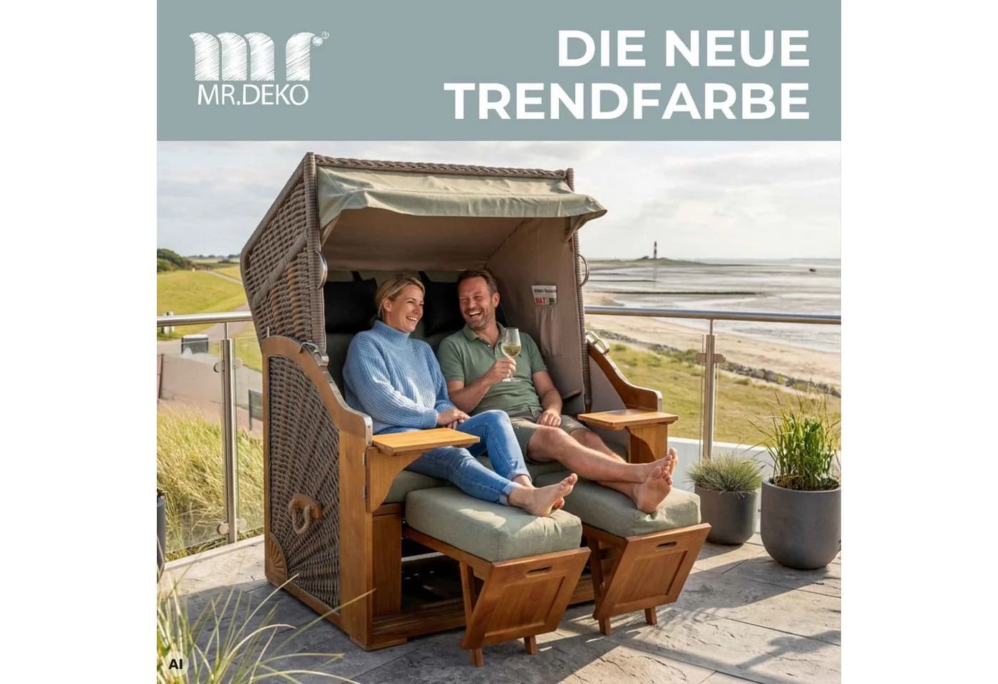 MR.DEKO Strandkorb Schleswig 2-Sitzer Braun PE-Geflecht
