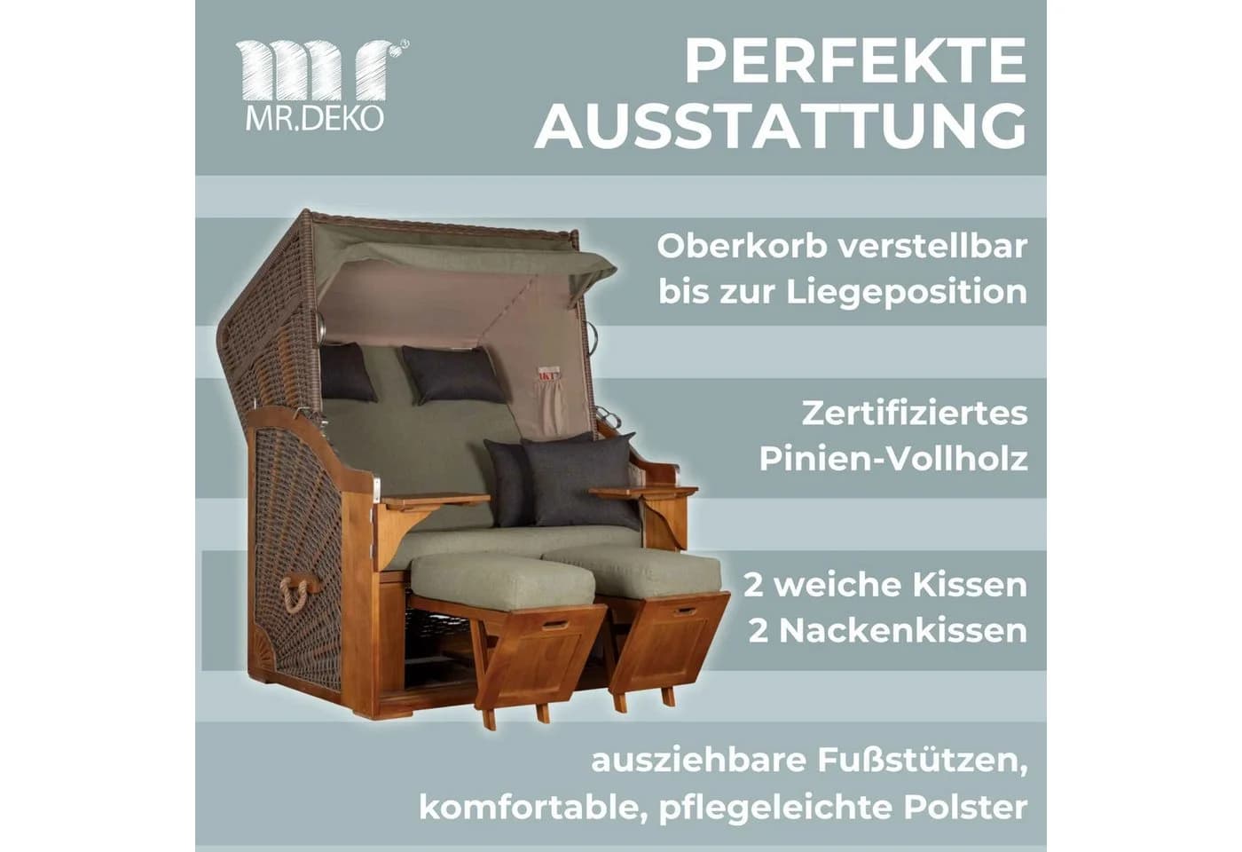 MR.DEKO Strandkorb Schleswig 2-Sitzer Braun PE-Geflecht - Bild 4