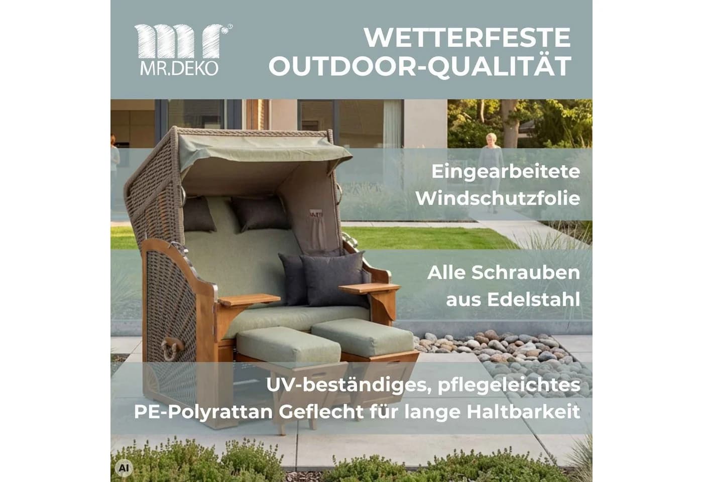 MR.DEKO Strandkorb Schleswig 2-Sitzer Braun PE-Geflecht - Bild 5