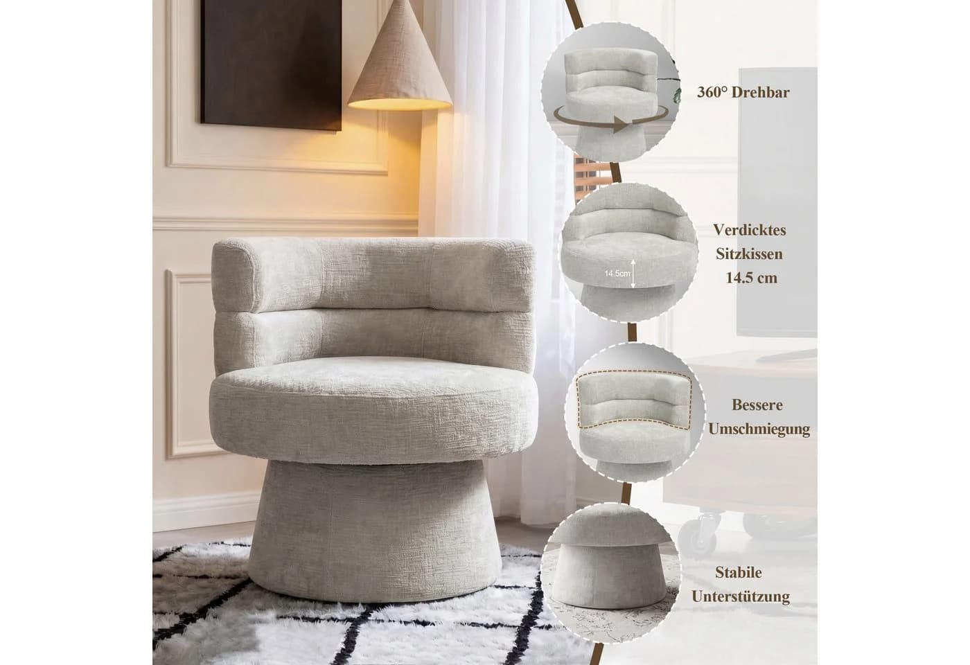 Duhome Loungesessel Beige Chenille 360° drehbar - Bild 3