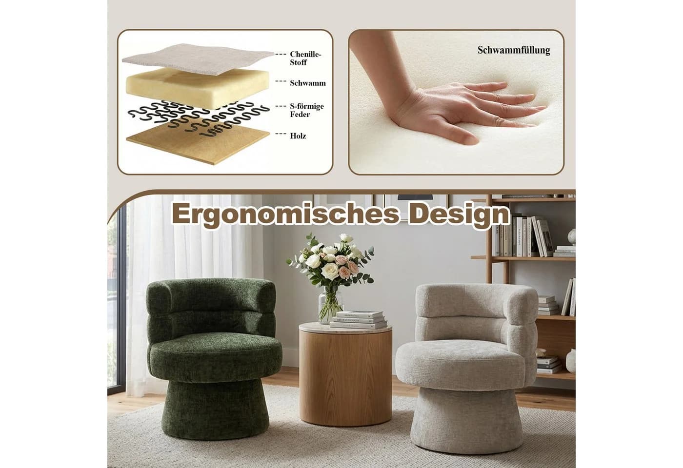 Duhome Loungesessel Beige Chenille 360° drehbar - Bild 4