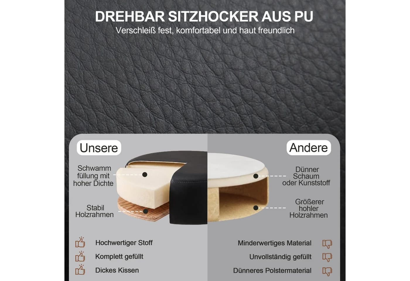Duhome Drehhocker Schwarz Samt Höhenverstellbar Retro - Bild 4