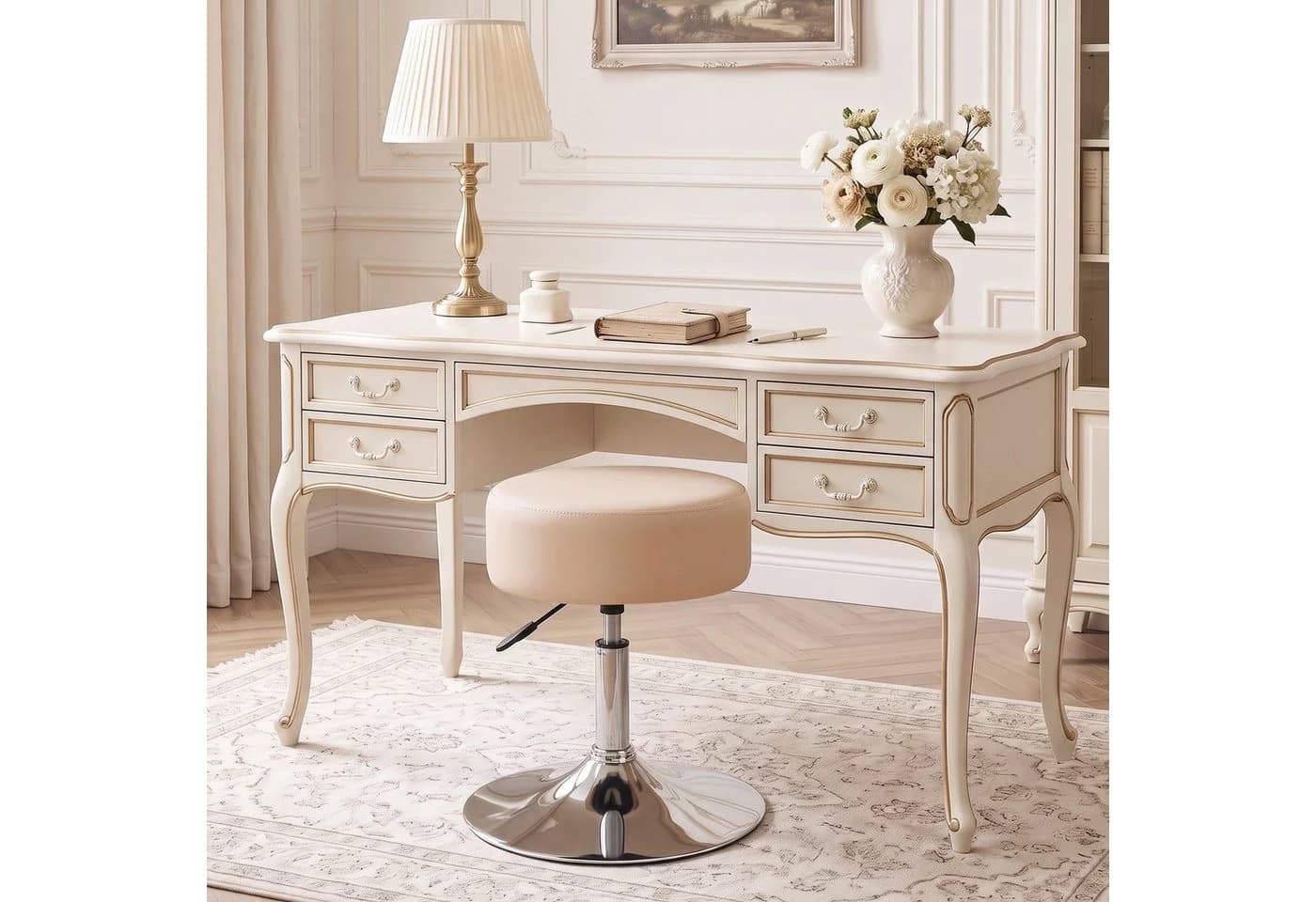 Duhome Hocker Höhenverstellbar Retro-Look Samt Creme