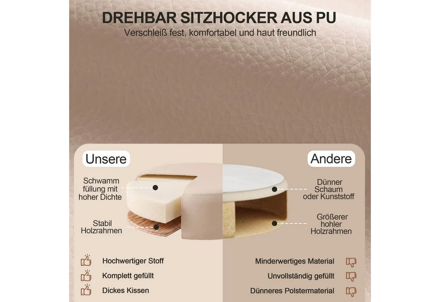 Duhome Hocker Höhenverstellbar Retro-Look Samt Creme - Bild 4