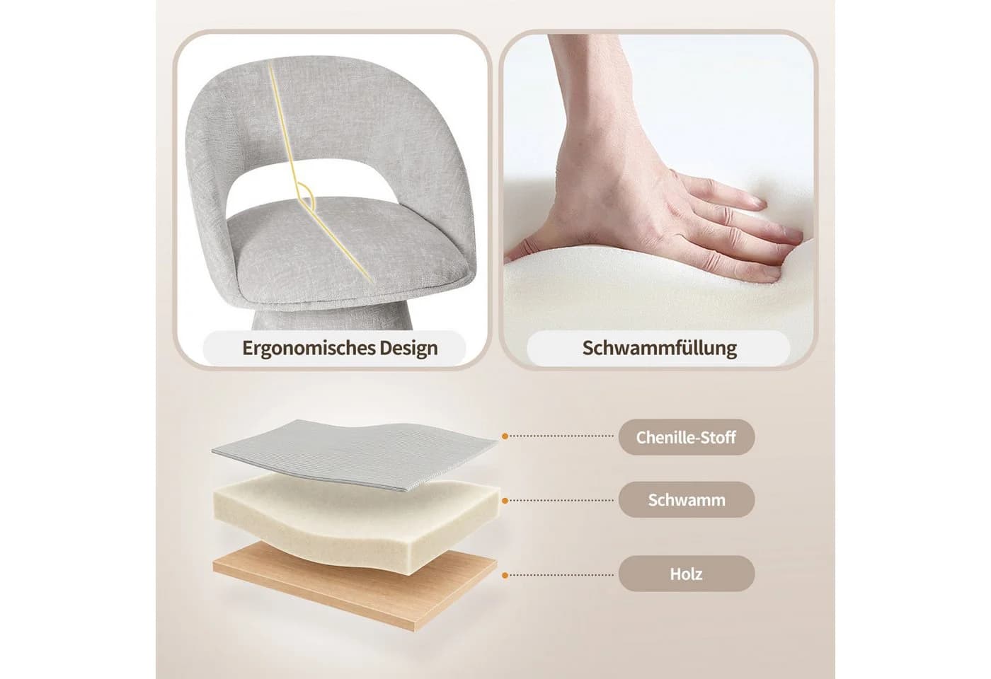 Duhome Esszimmerstuhl 7307A1 Beige Chenille 360° Drehbar - Bild 5