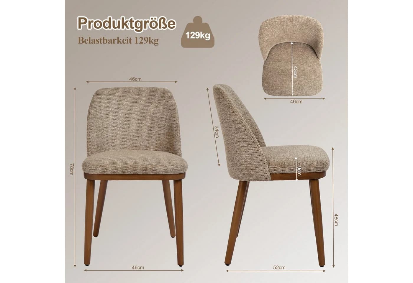 Duhome Esszimmerstuhl 3100 Gepolstert Leinen Braun Holzbeinen - Bild 5