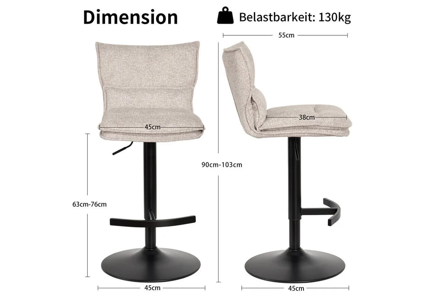 Duhome Barhocker 5501A1 2er Set Drehbar Bouclé Beige - Bild 3
