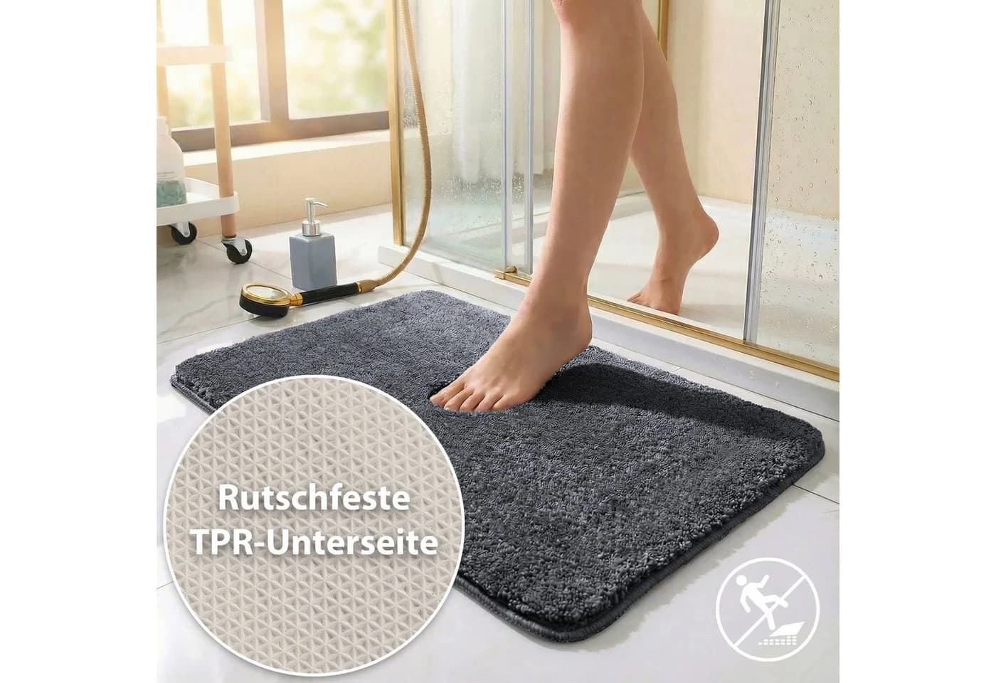 HELLSER Badematte MIRA rutschfest & waschbar - Mikrofaser, Polyester, grau