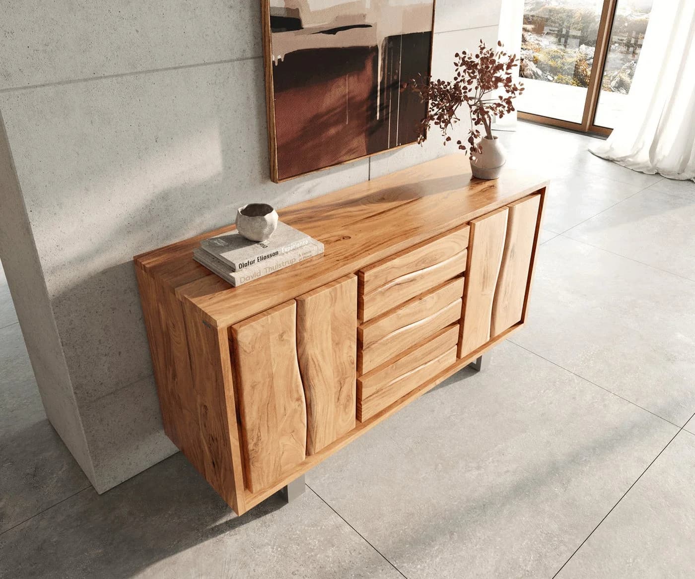 DELIFE Sideboard Live-Edge Akazie Natur 147 cm 2 Türen 3 Schübe Baumkante - Bild 5