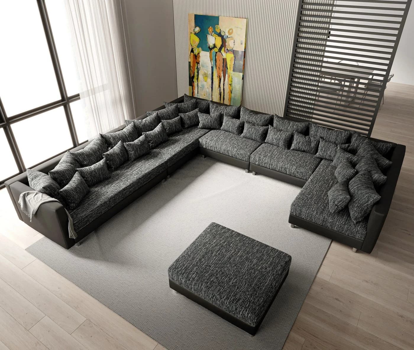 DELIFE Wohnlandschaft Clovis XXL Schwarz Modulsofa mit Ottomane