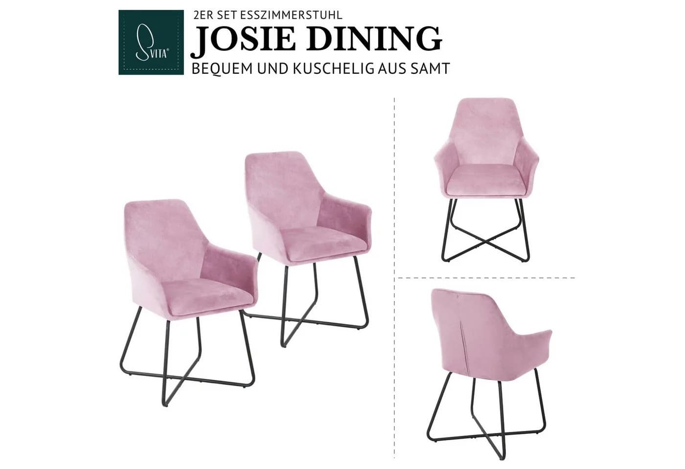 SVITA Esszimmersessel JOSIE DINING 2er Set Rosa Samt - Bild 3