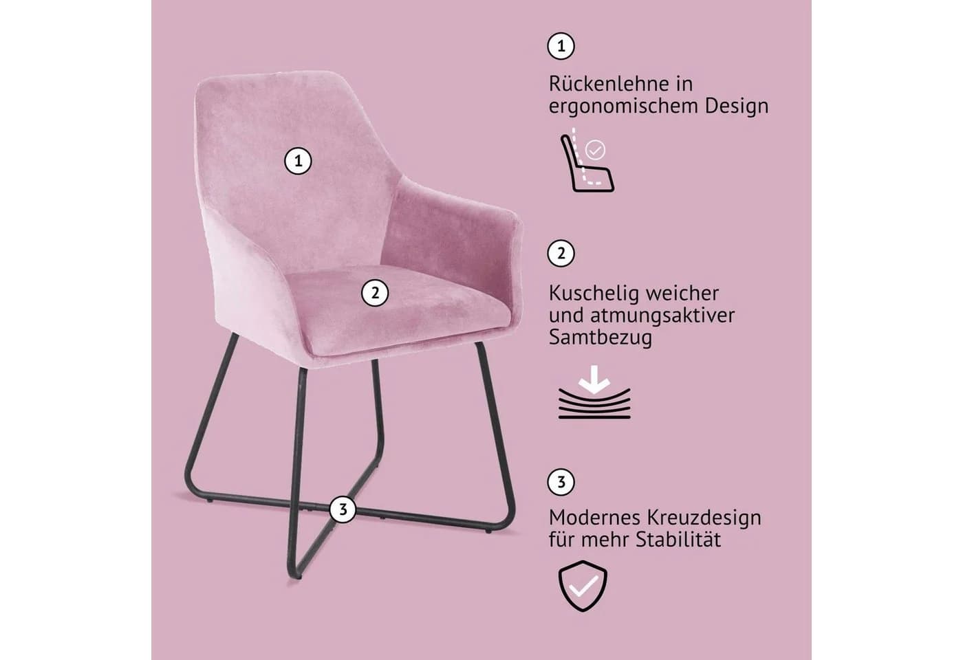 SVITA Esszimmersessel JOSIE DINING 2er Set Rosa Samt - Bild 5