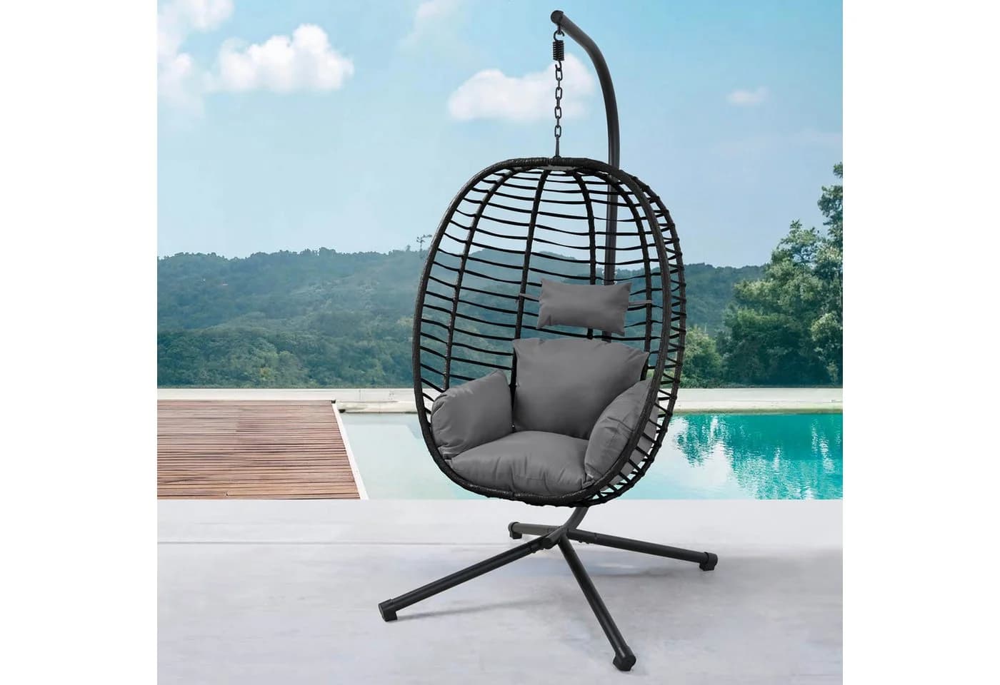 SVITA Hängesessel BELLY mit Gestell & Kissen - Schwarz Polyrattan