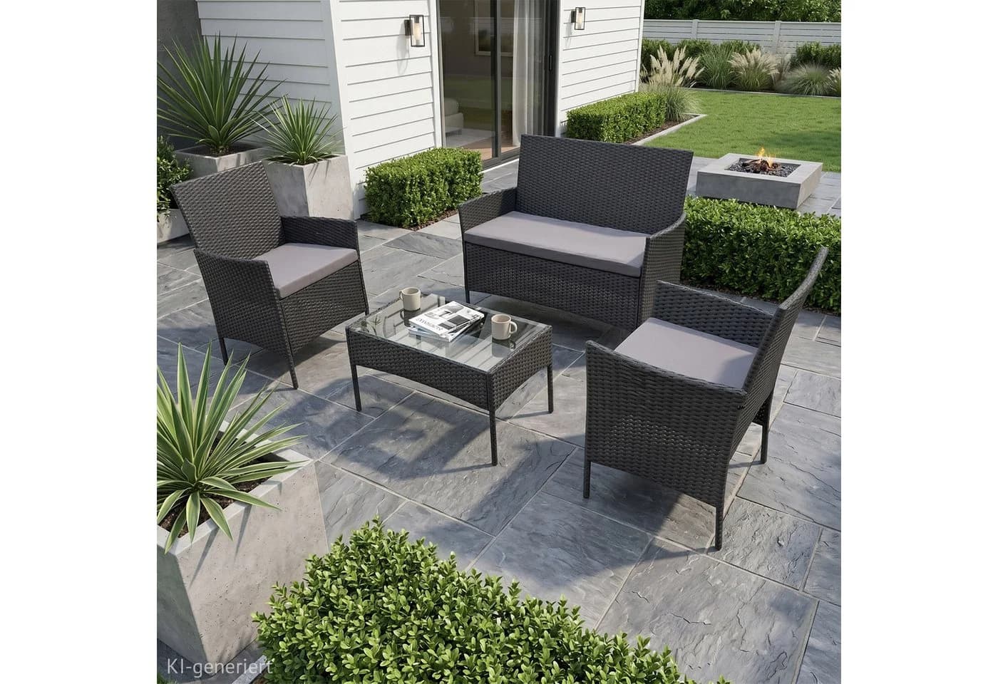 SVITA Sitzgruppe BROOKLYN 4-teilig Schwarz Grau Polyrattan