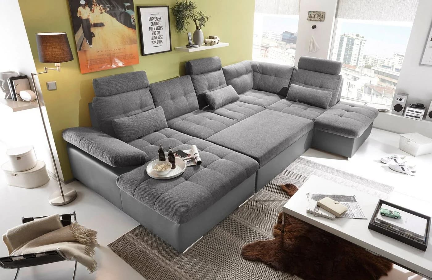 Wohnlandschaft ED EXCITING DESIGN Jakarta U-Form Grau mit Bettfunktion