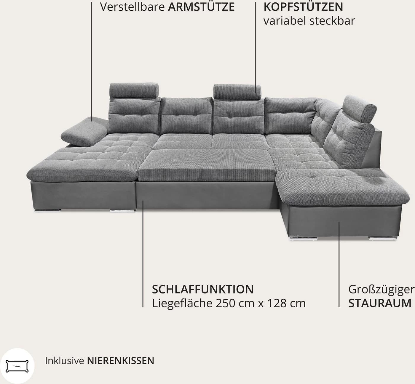 Wohnlandschaft ED EXCITING DESIGN Jakarta U-Form Grau mit Bettfunktion - Bild 4