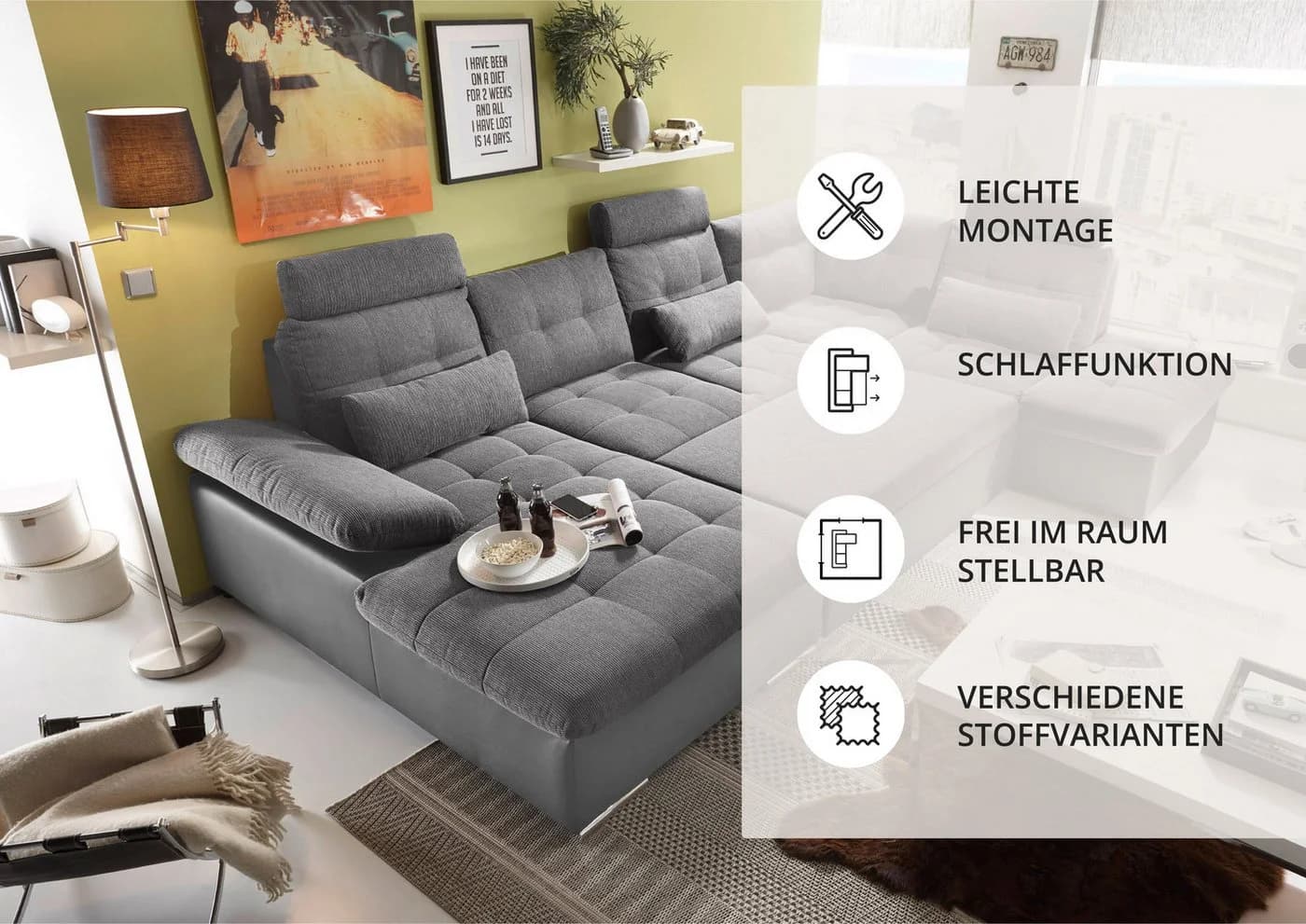 Wohnlandschaft ED EXCITING DESIGN Jakarta U-Form Grau mit Bettfunktion - Bild 5