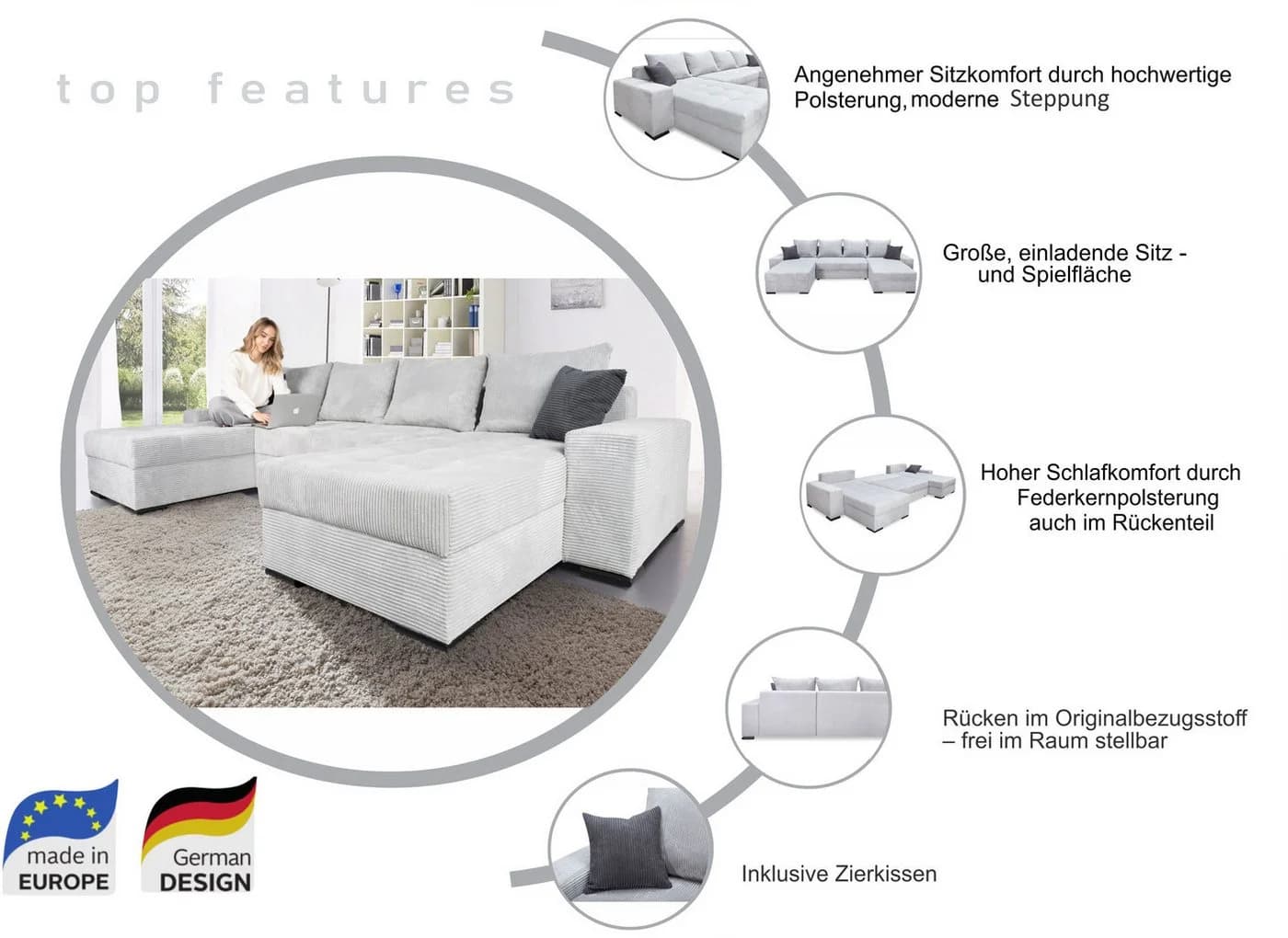 Wohnlandschaft COLLECTION AB Josy XL U-Form Dunkelgrün mit Bettfunktion - Bild 3