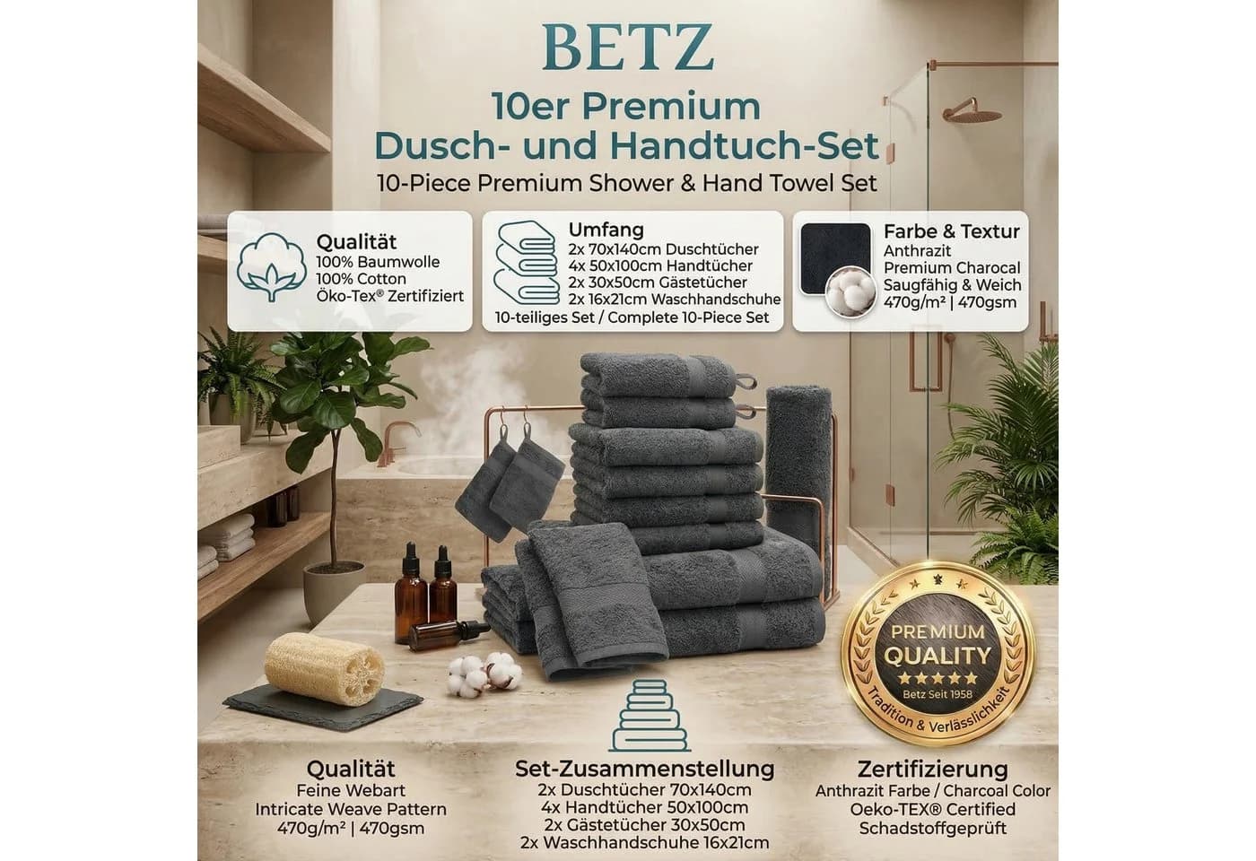 Betz Handtuch Set 10-tlg. PREMIUM Anthrazit 100% Baumwolle