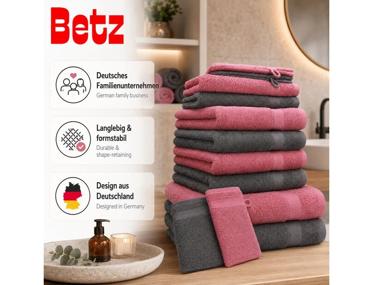 Betz Handtuch-Set 10-tlg. Premium 100% Baumwolle Anthrazit/Altrosa
