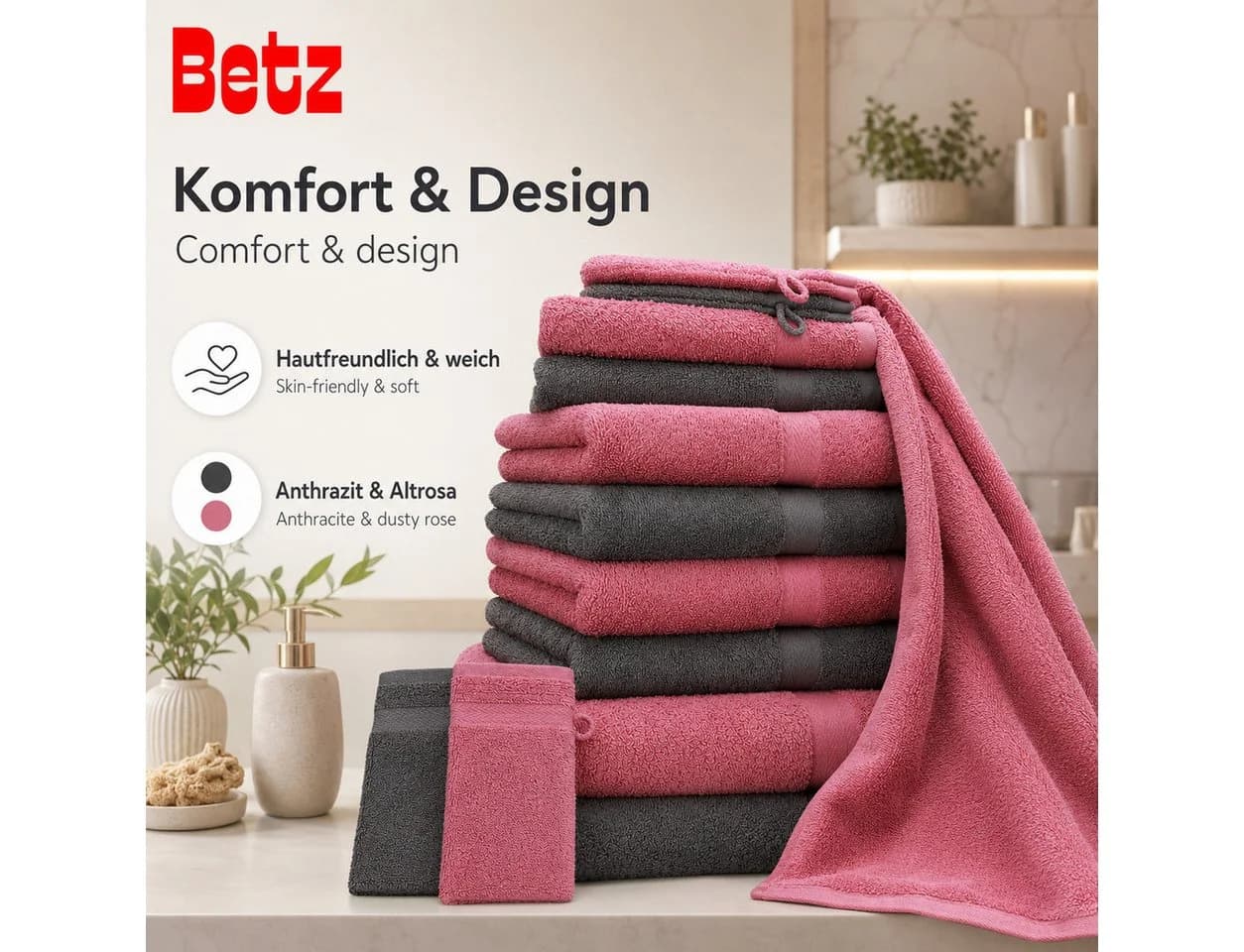 Betz Handtuch-Set 10-tlg. Premium 100% Baumwolle Anthrazit/Altrosa - Bild 4