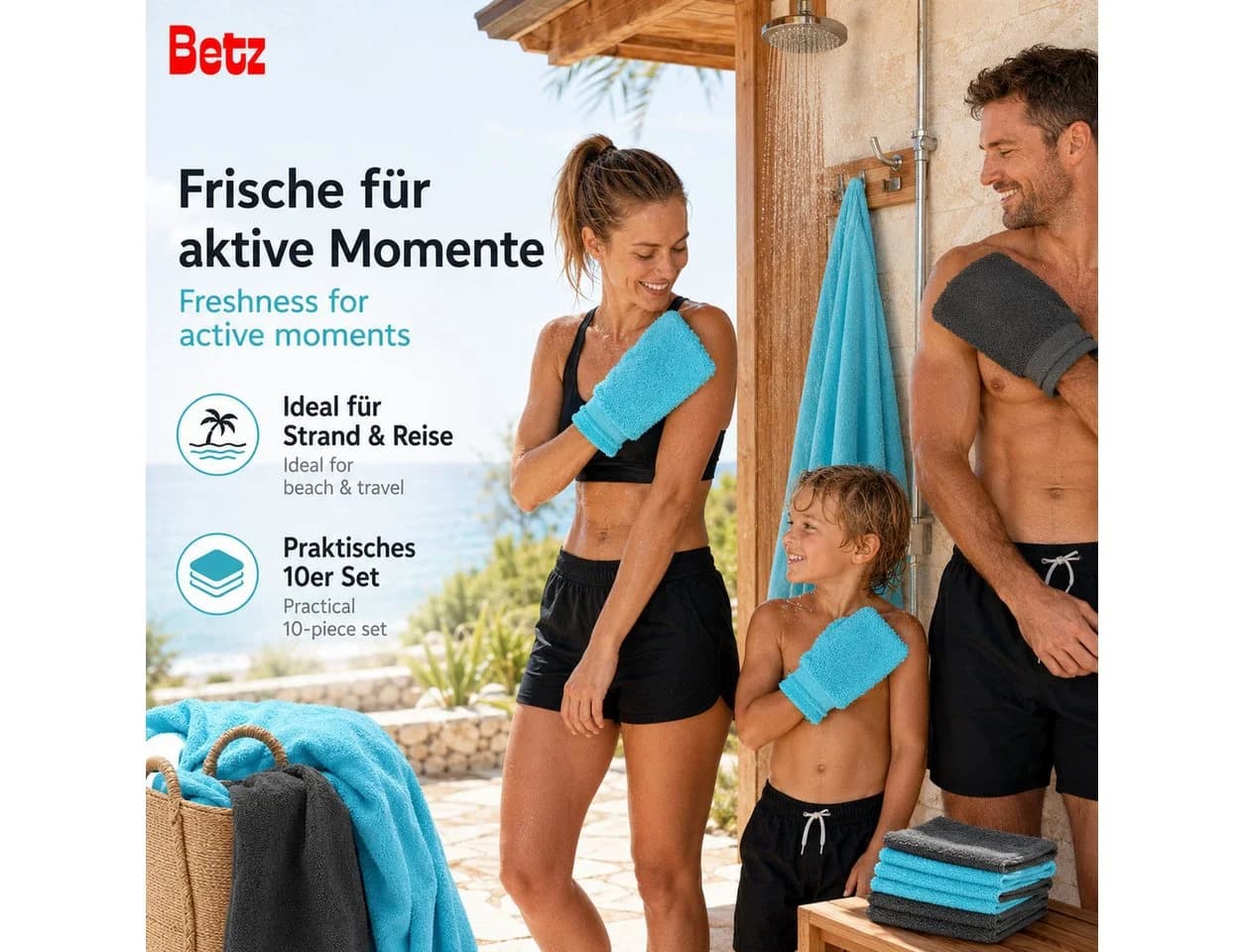 Betz Waschhandschuh 10 Stück Premium 16x21 cm Anthrazit und Türkis