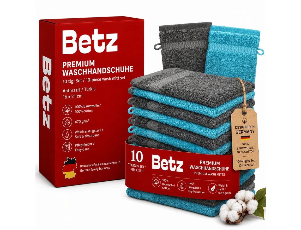 Betz Waschhandschuh 10 Stück Premium 16x21 cm Anthrazit und Türkis - Bild 2