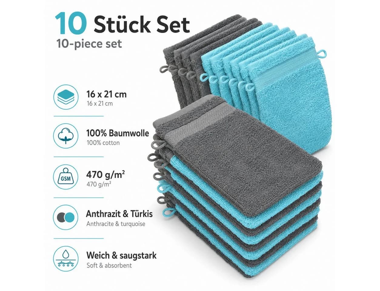 Betz Waschhandschuh 10 Stück Premium 16x21 cm Anthrazit und Türkis - Bild 5
