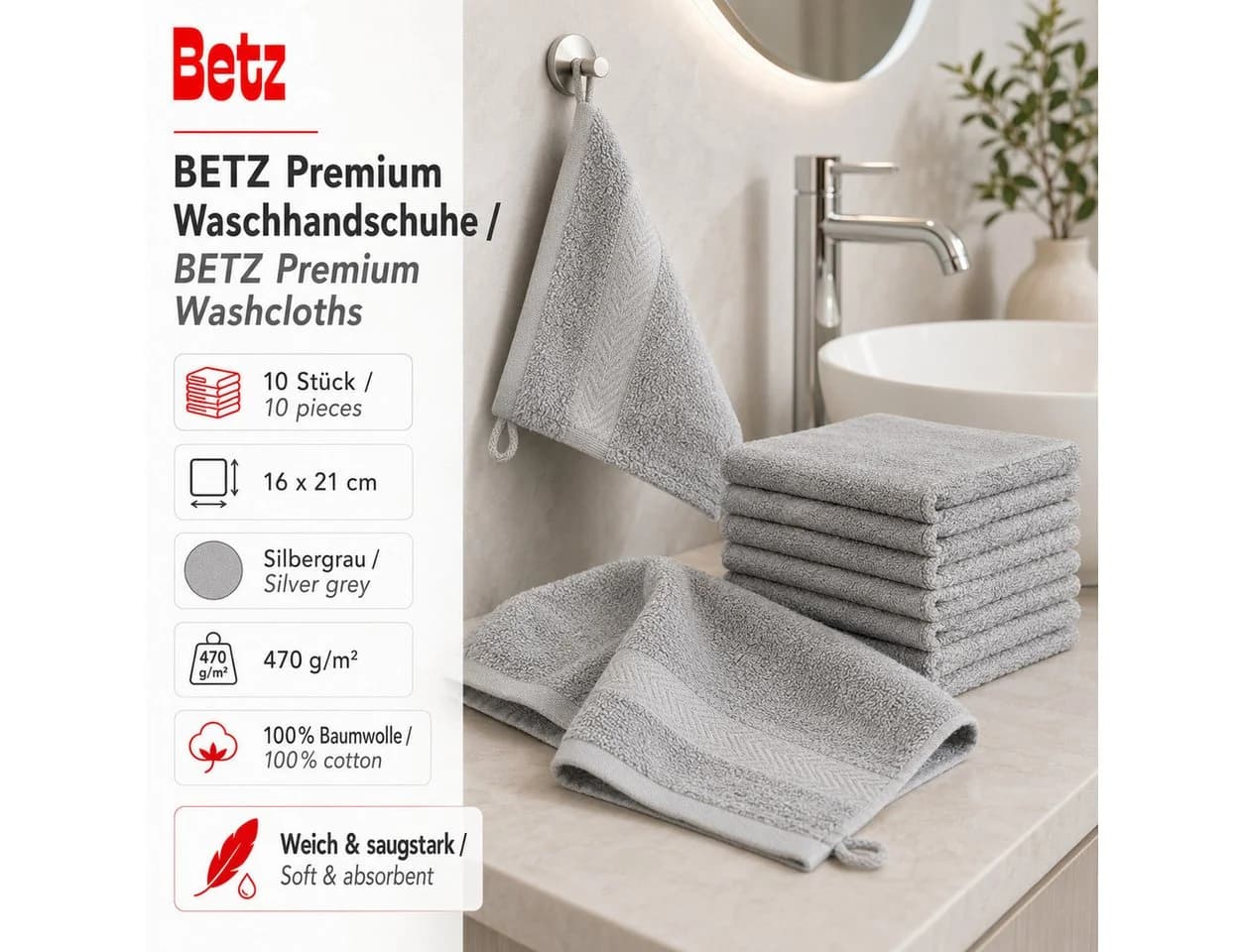 Betz PREMIUM Waschhandschuh-Set 10-tlg. 100% Baumwolle Silber