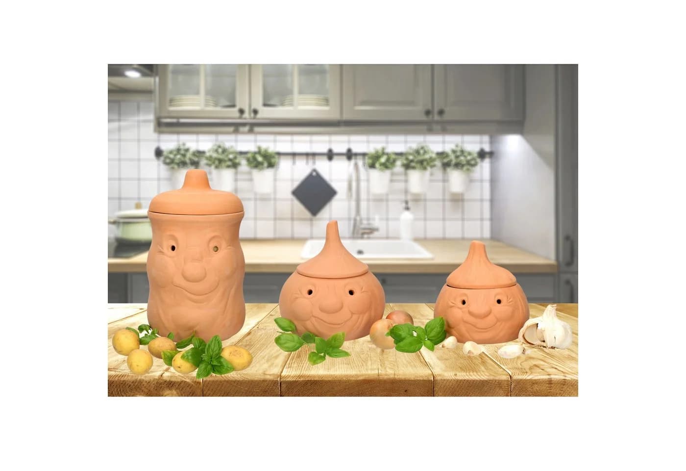 MamboCat Vorratsglas-Set 3tlg. Terrakotta Knoblauch Zwiebel Kartoffel Braun