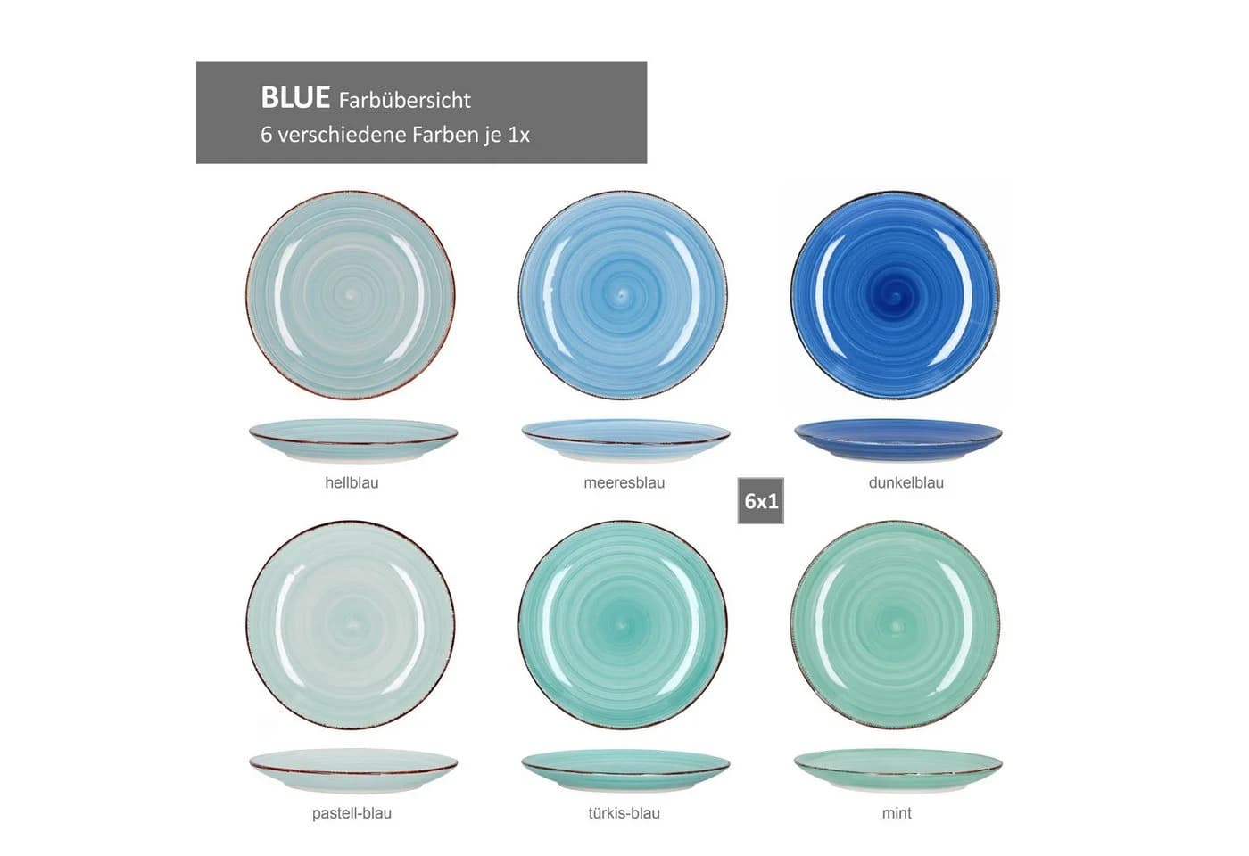 MamboCat Frühstücksteller 6er Set Blau Türkos Steingut