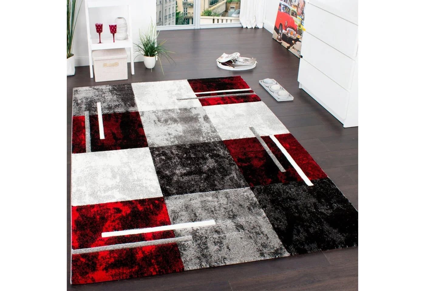 Paco Home Teppich Diamond 663 Rot Grau Karo Kurzflor - Bild 2