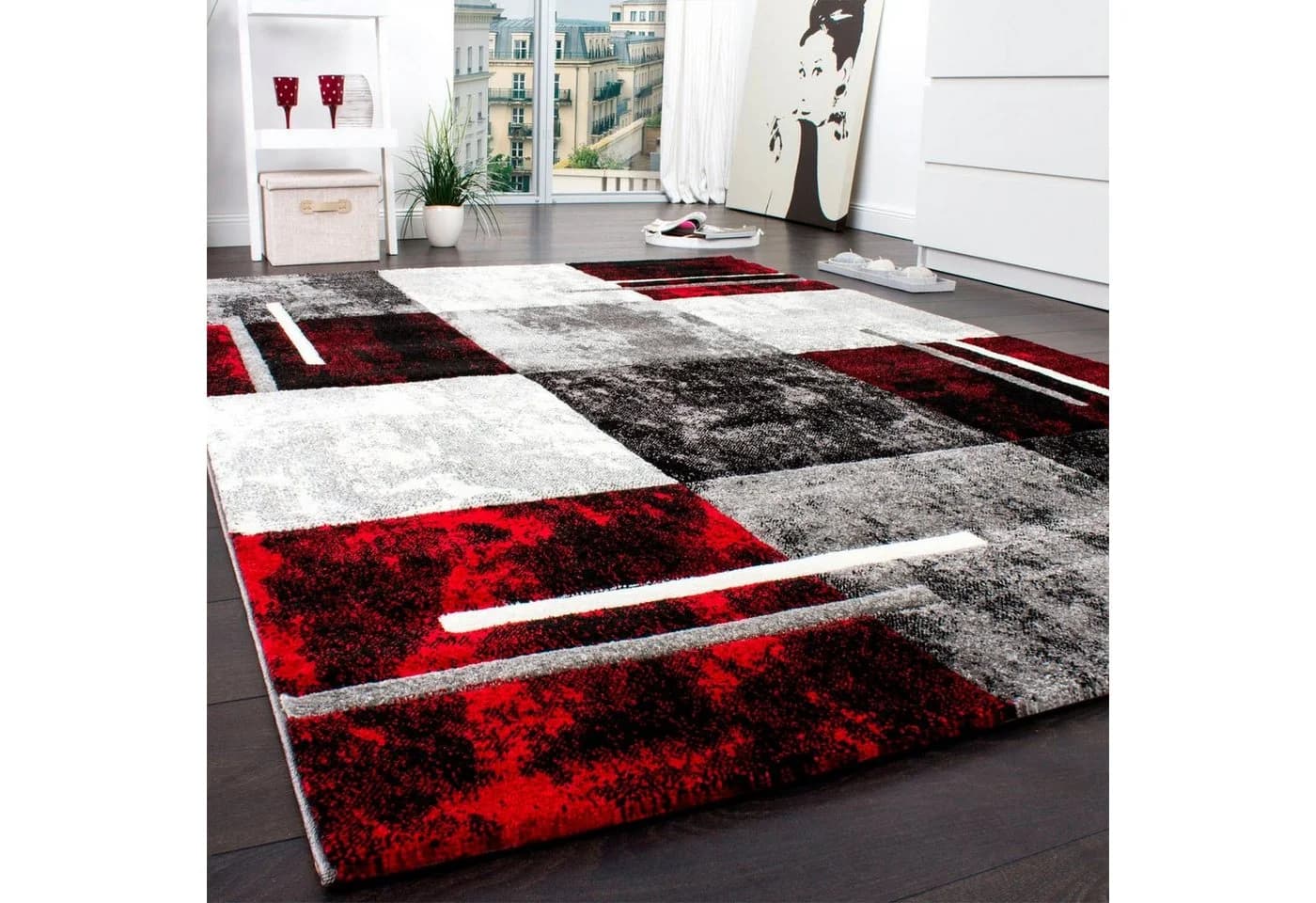 Paco Home Teppich Diamond 663 Rot Grau Karo Kurzflor - Bild 4