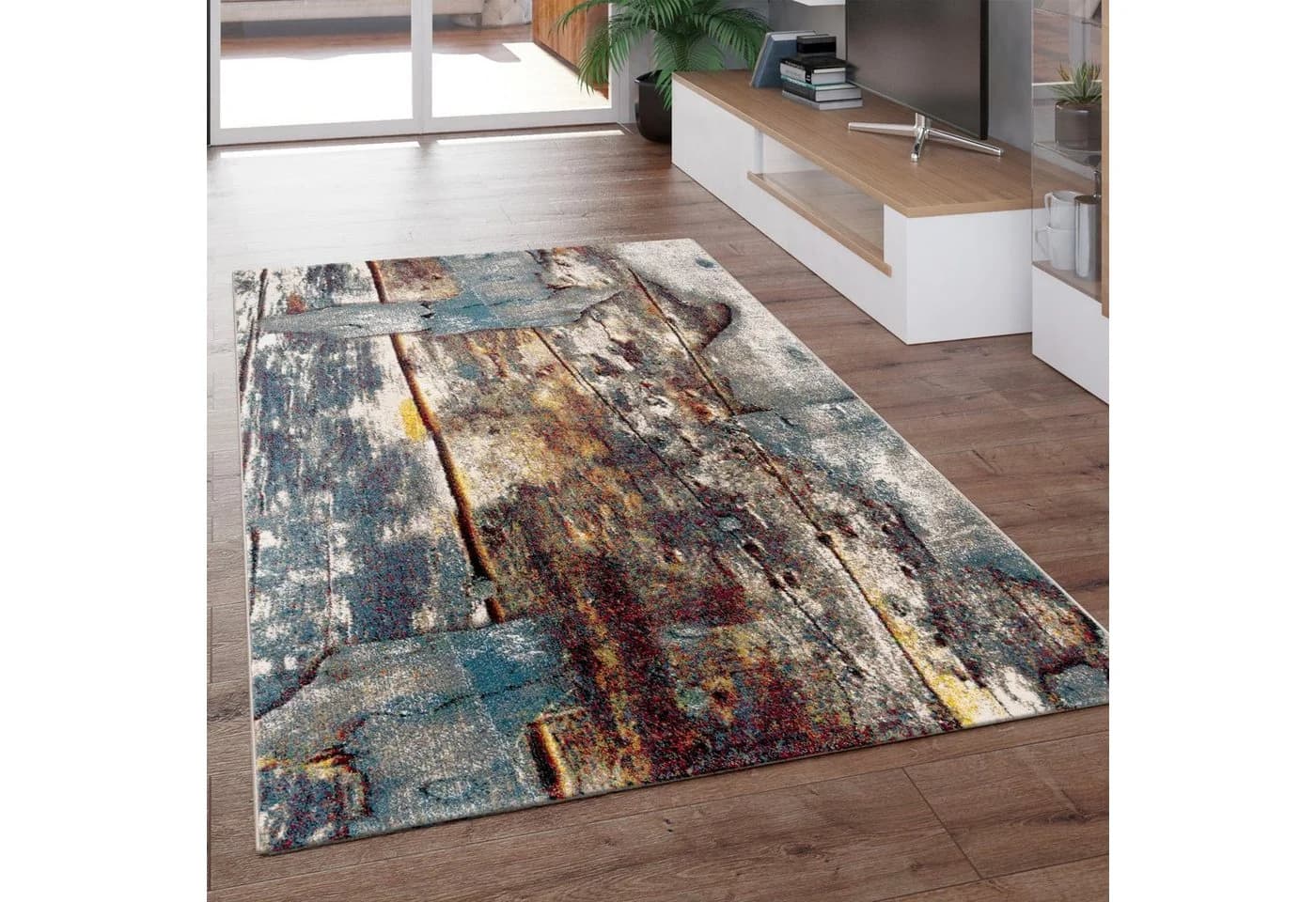 PACO HOME Teppich Natura 850 Vintage Holzoptik Bunt Kurzflor