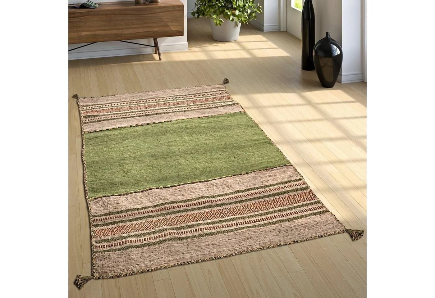 Paco Home Teppich Kilim 217 Grün Gestreift Handgewebt - Bild 5