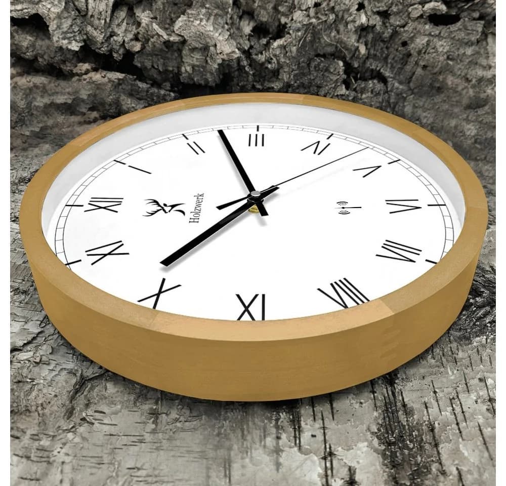 Holzwerk Funkwanduhr Loft Design Holz Analog Römische Ziffern Beige Braun