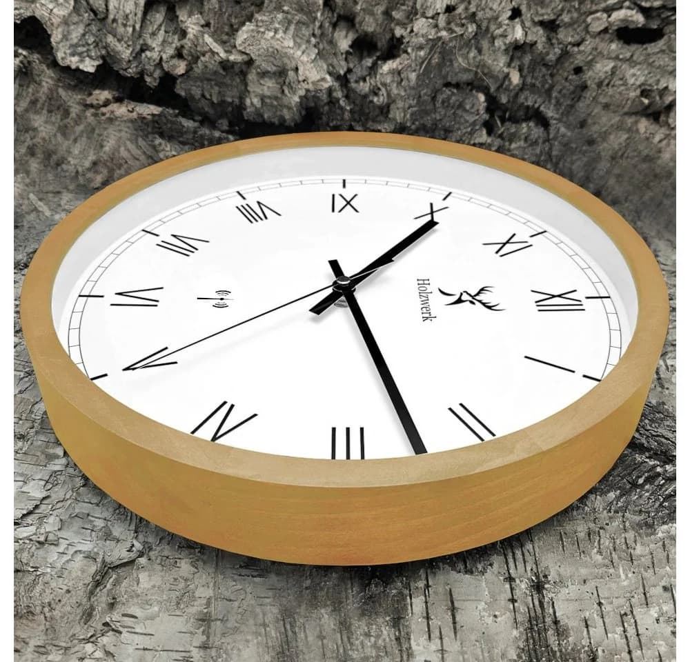 Holzwerk Funkwanduhr Loft Design Holz Analog Römische Ziffern Beige Braun - Bild 4