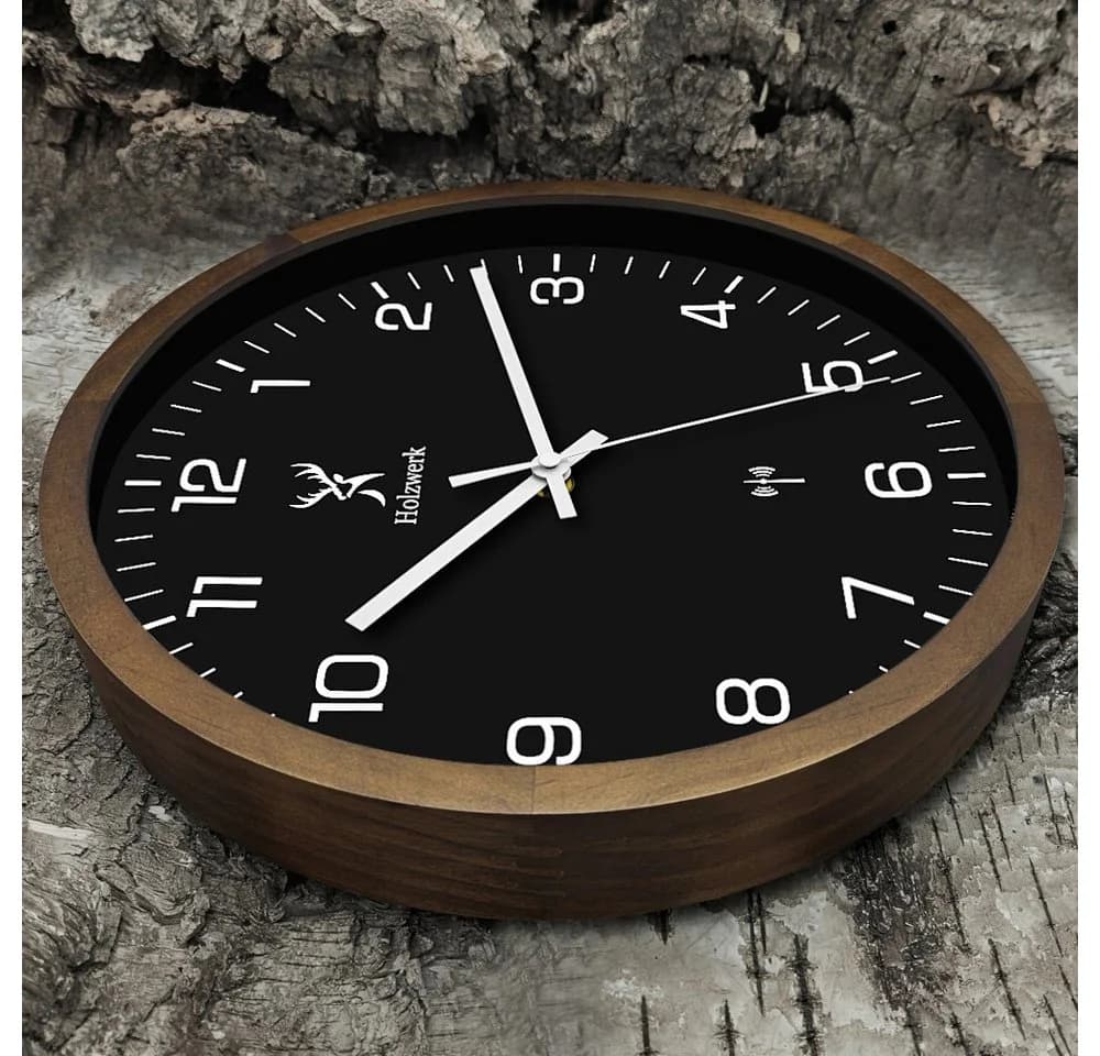 Holzwerk Funkwanduhr 30cm Massivholz Braun Schwarz