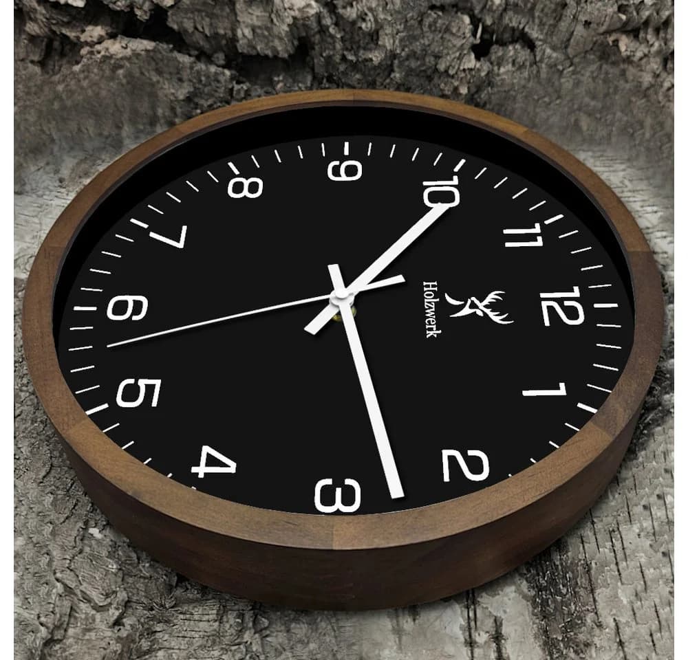 Holzwerk Funkwanduhr 30cm Massivholz Braun Schwarz - Bild 4