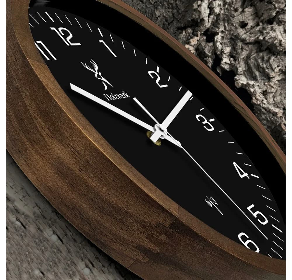 Holzwerk Funkwanduhr 30cm Massivholz Braun Schwarz - Bild 5