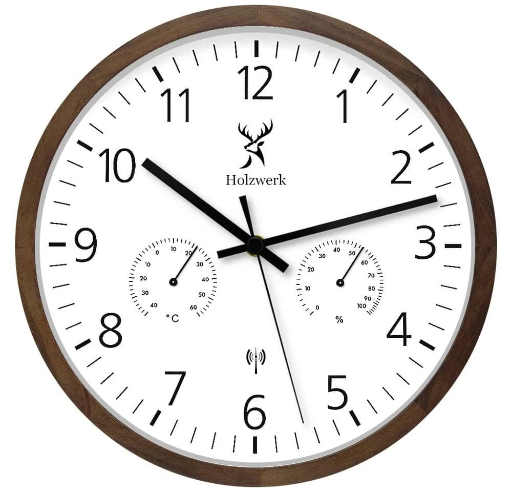 Holzwerk Funk-Wanduhr Loft Design mit Hygrometer Thermometer Braun - Bild 2
