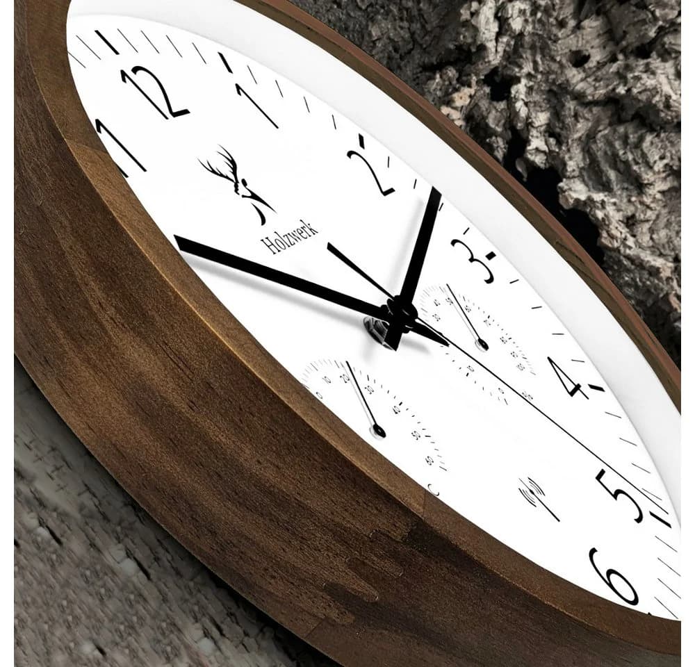 Holzwerk Funk-Wanduhr Loft Design mit Hygrometer Thermometer Braun - Bild 5