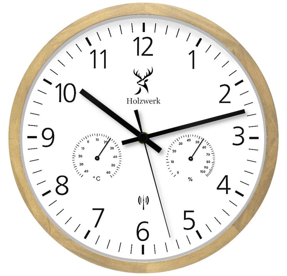 Holzwerk Funkwanduhr Beige/Braun mit Thermometer & Hygrometer - Bild 2