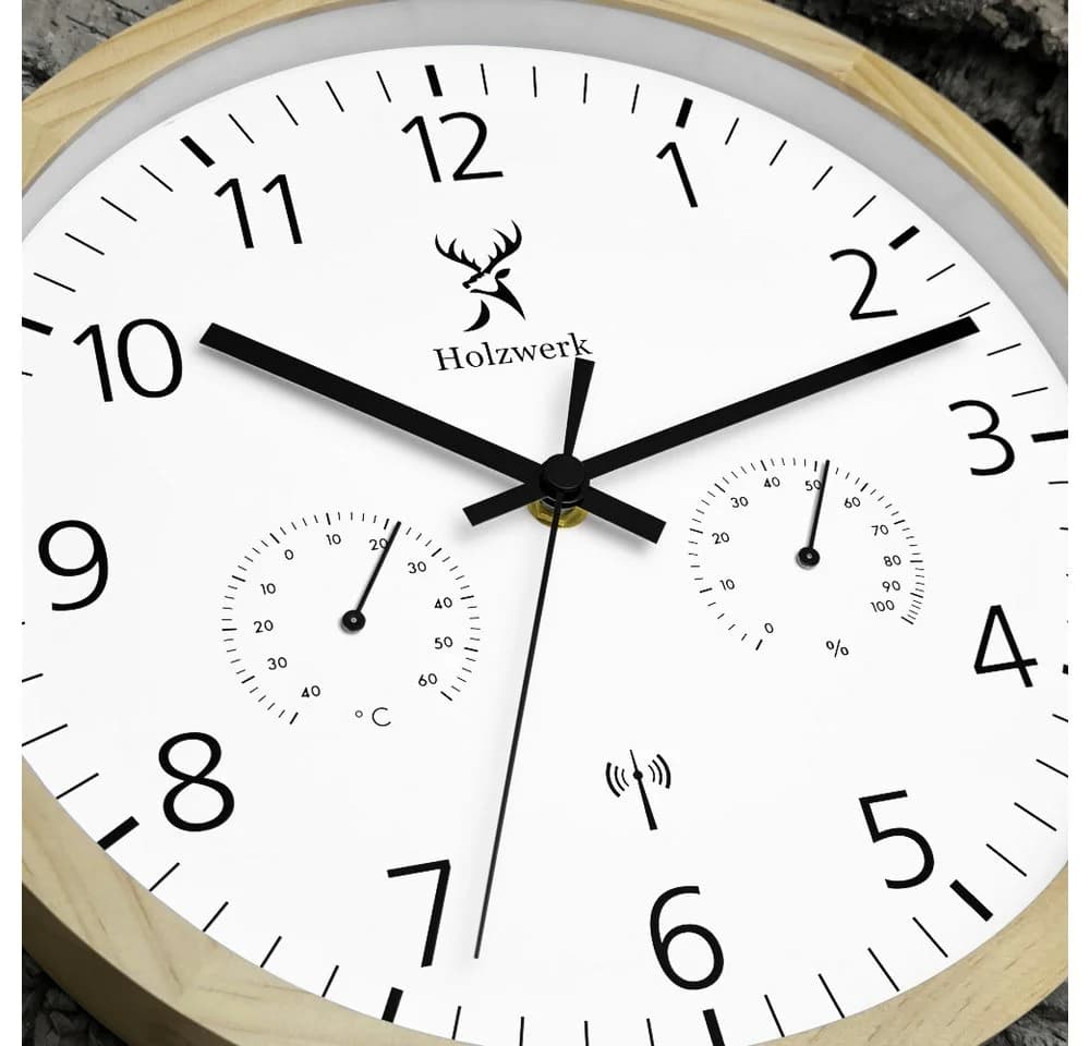 Holzwerk Funkwanduhr Beige/Braun mit Thermometer & Hygrometer - Bild 3