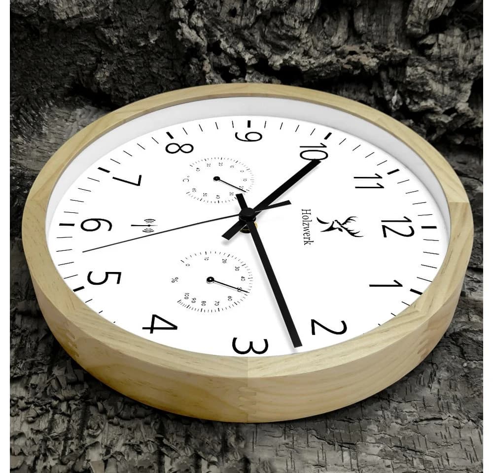 Holzwerk Funkwanduhr Beige/Braun mit Thermometer & Hygrometer - Bild 4