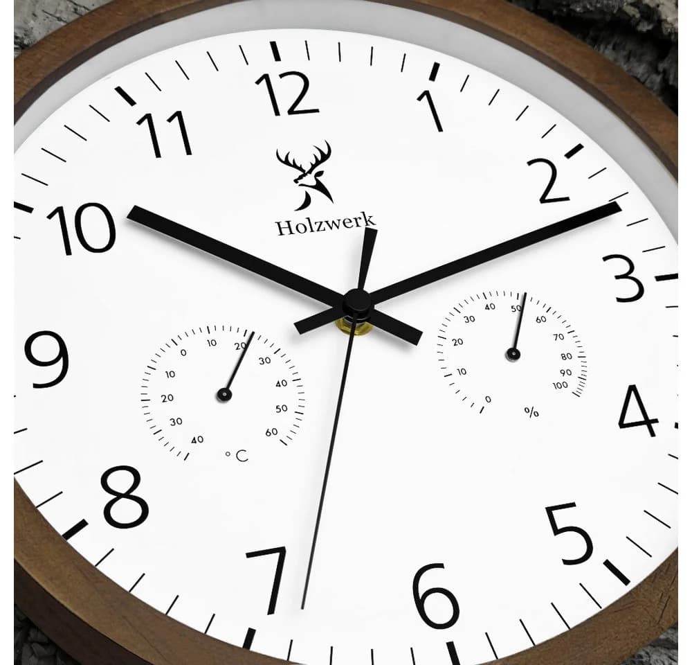 Holzwerk Wanduhr mit Thermometer & Hygrometer Beige/Braun - Bild 3