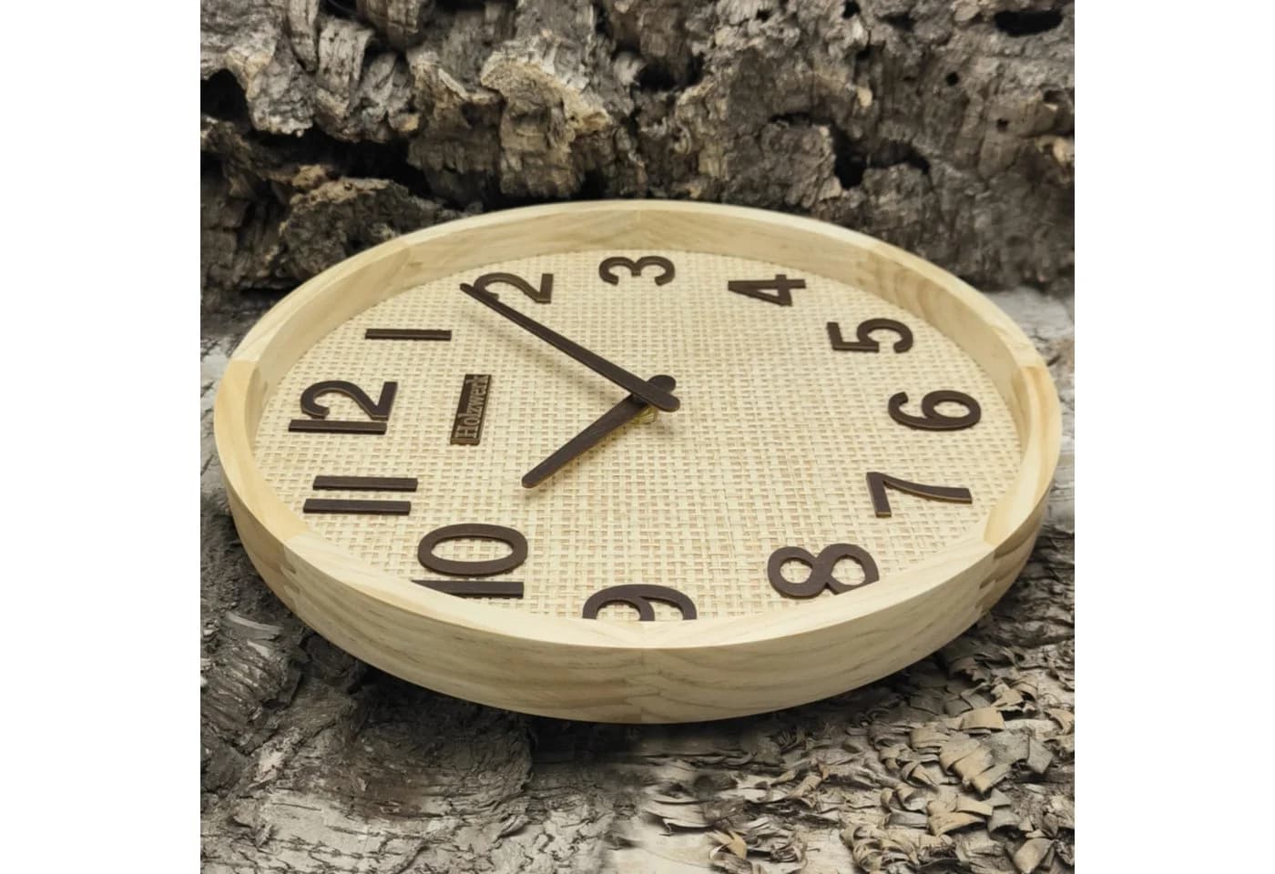 Holzwerk Wanduhr BOHO Rattan Designer Loft Holz Quarzuhr 30 cm